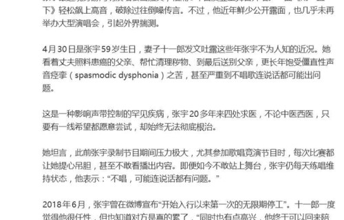 歌手张宇患罕见疾病，20年多年来四处求医，妻子十一郎吐露近况|游鸿明|苦情|上舞台|演唱会|患癌